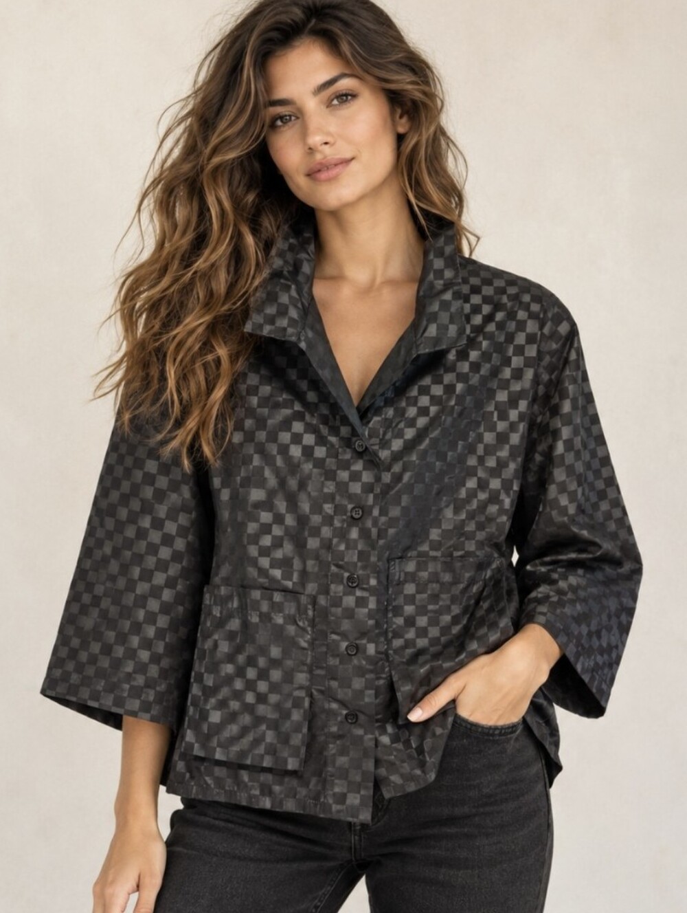 Sun Kim Swing Jacket Black Checkered Lagenlook Avant-garde Asymmetrical Size M